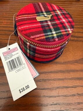 Vineyard Vines Red Tartan Round Jewelry Case with Gold Whale Accent